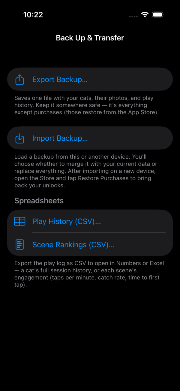 The Back Up and Transfer screen in Tappy Paws, with Export Backup, Import Backup, and CSV options.